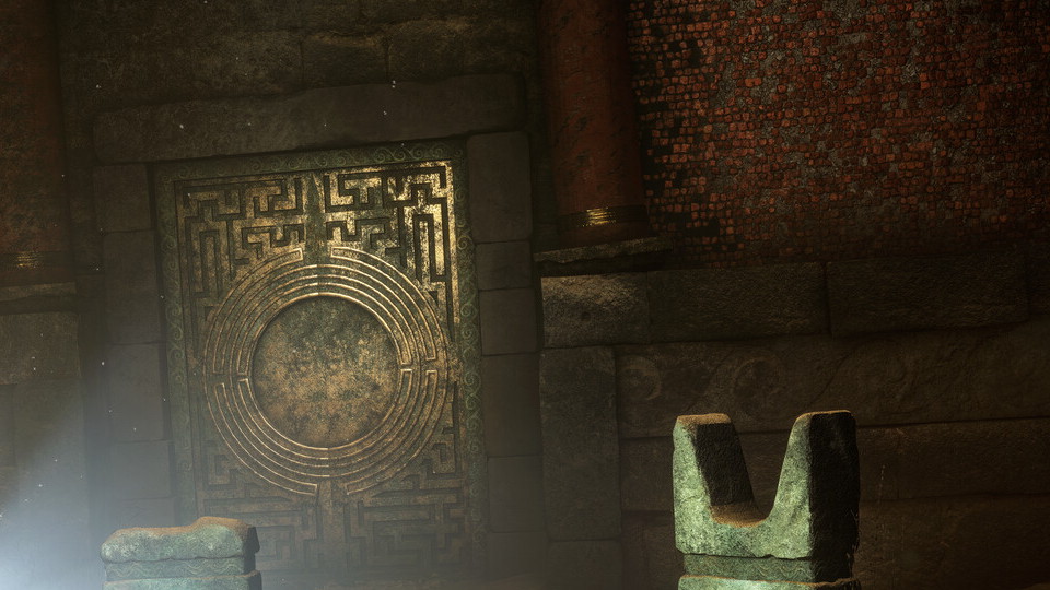 Gold maze disc on stone — notebook / island memory texture