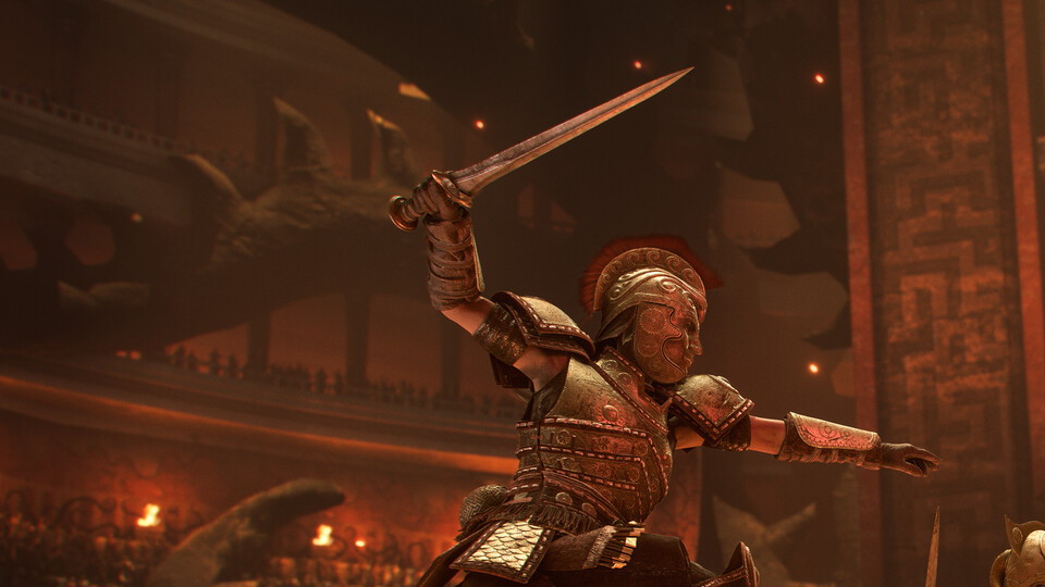 Bronze-age blade raised in the arena — Heroes’ Graves era steel, not eight menu icons