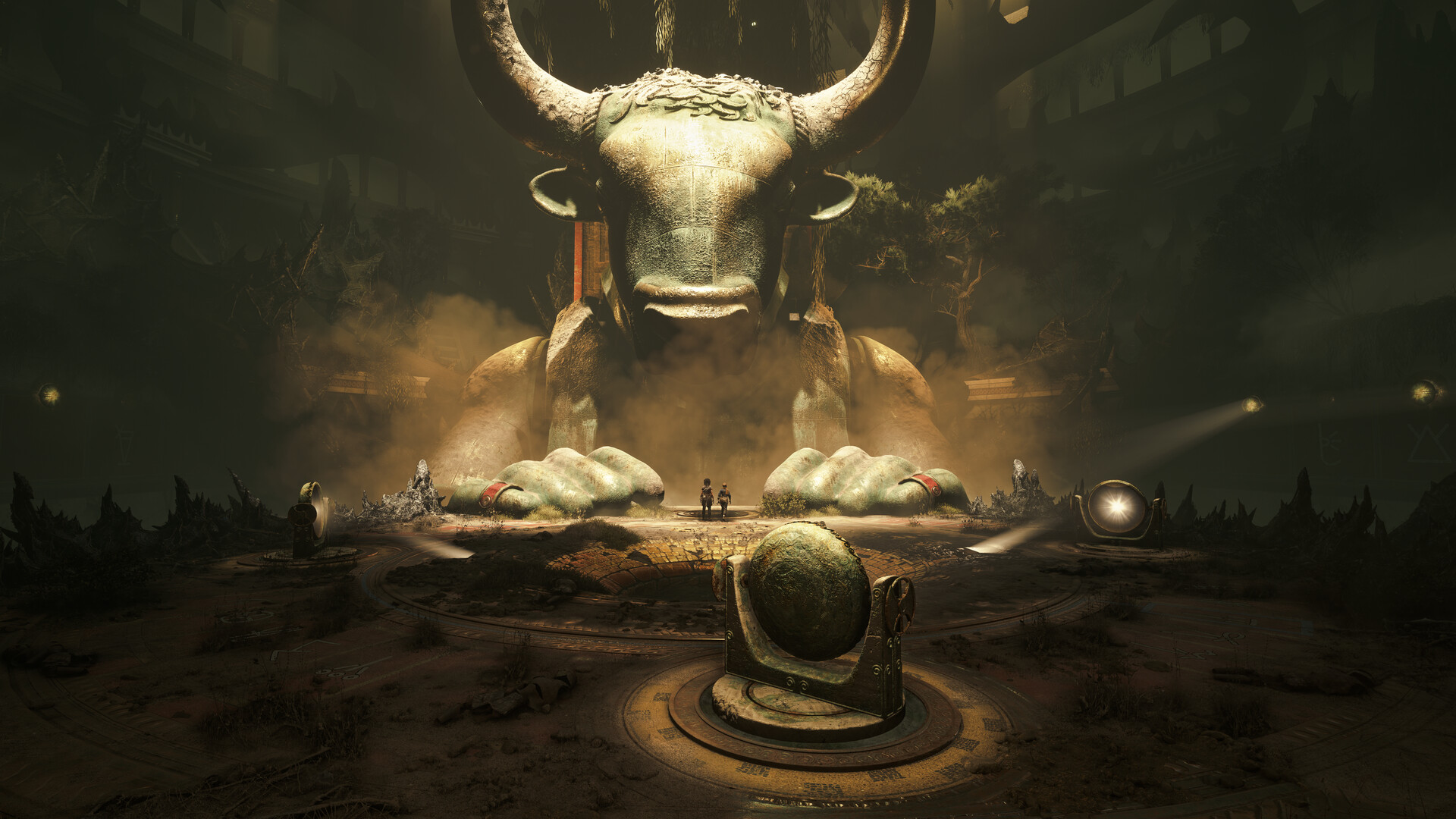 Colossal bull statue over a ritual court on the Minotaur’s Island
