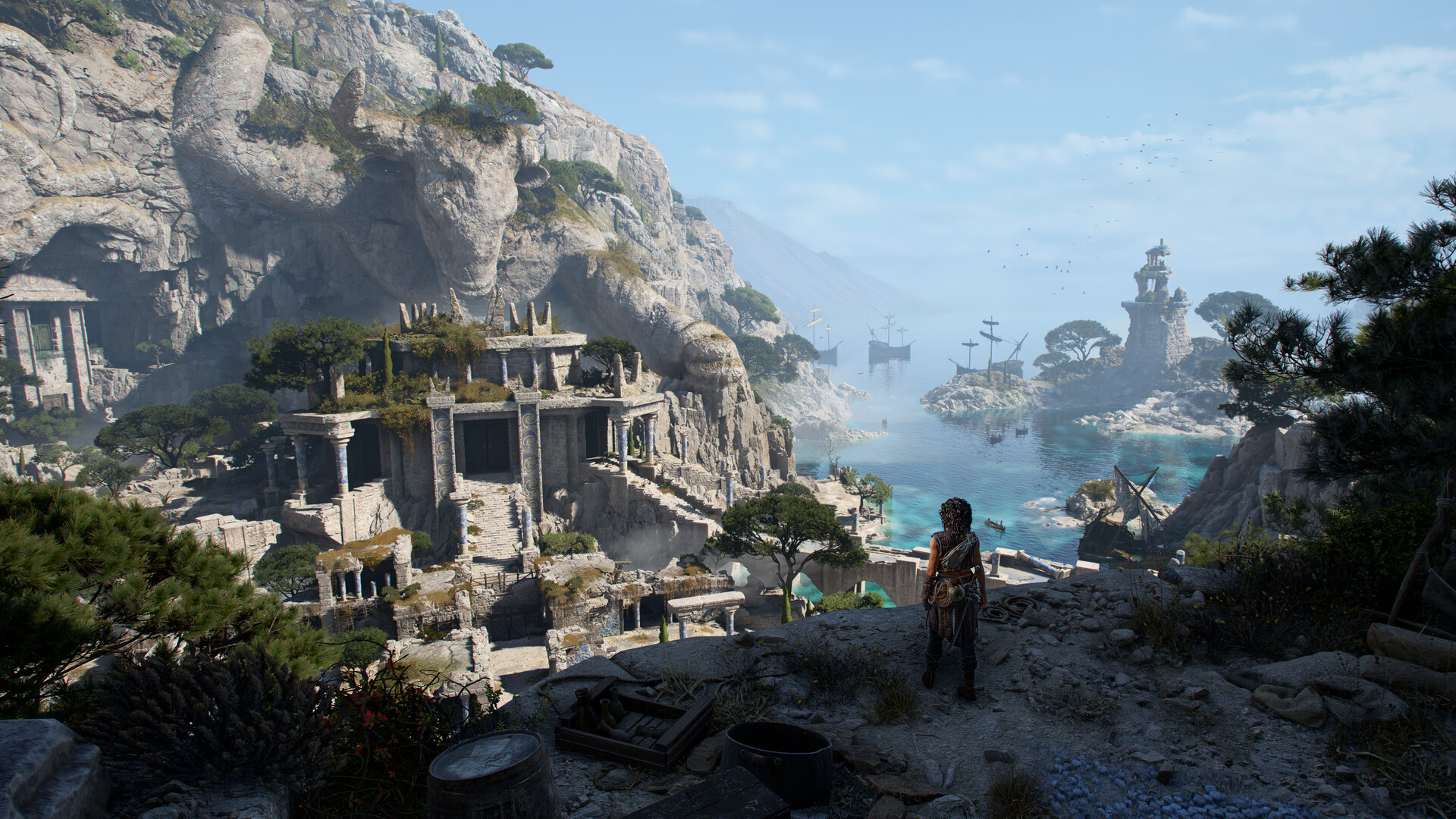 Sophia overlooking Minoan cliff temples, a carved bull head, and ships in a blue bay