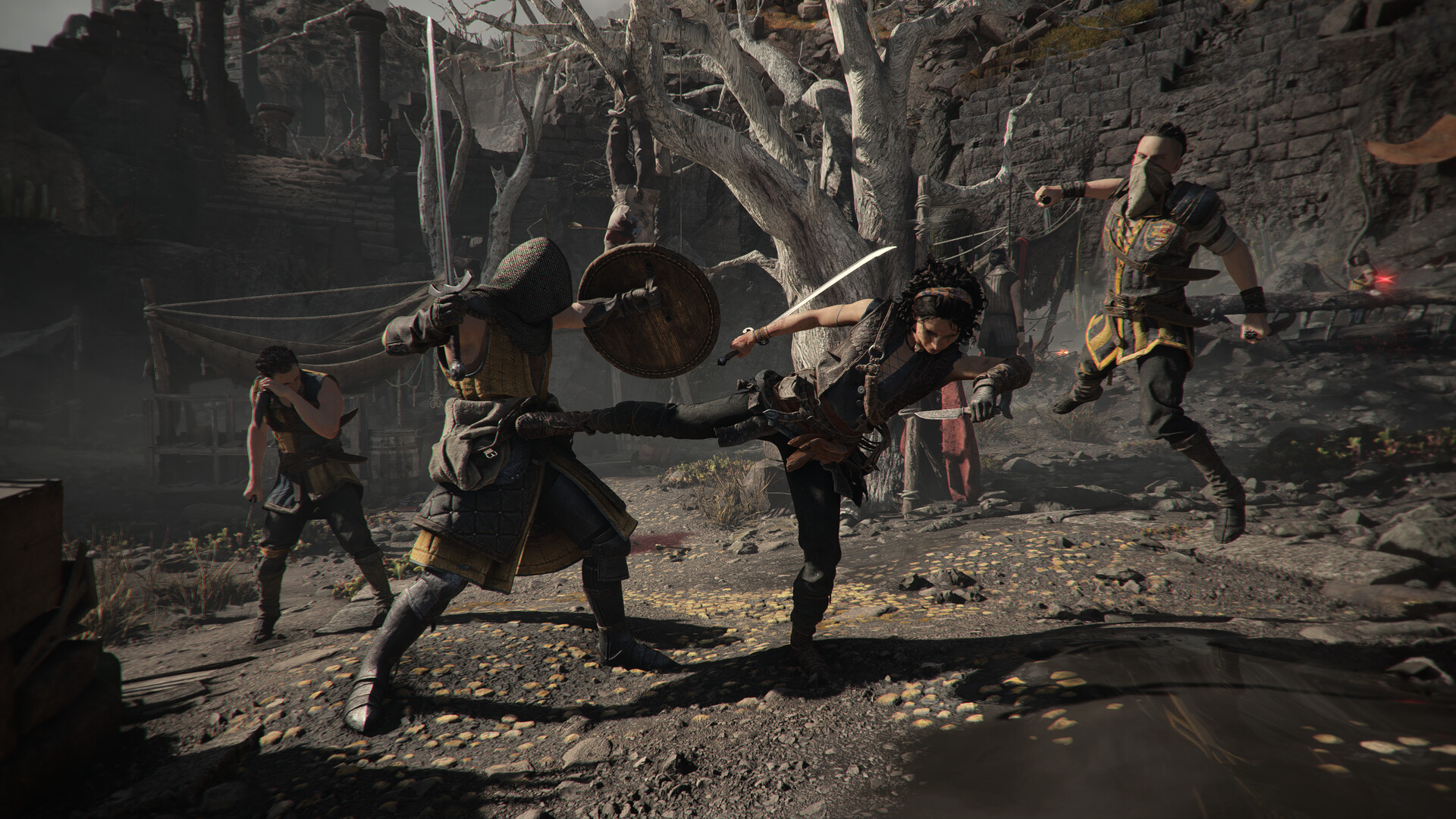 Dusty camp-yard melee — closest official still to the plunderer camp